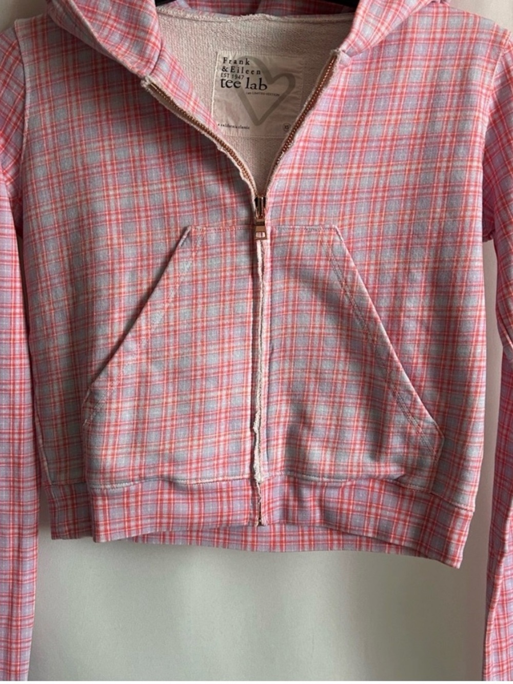 Frank & Eileen Tee Lab Cropped Pink Plaid Zip-Front Hoodie Jacket Limited Ed